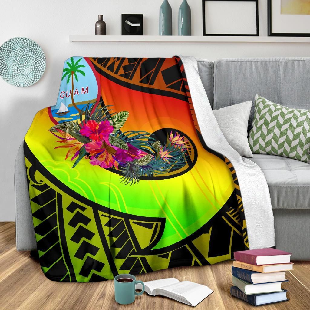 Guam Premium Blanket - Polynesian Hook And Hibiscus (Reggae)-Myprintsy