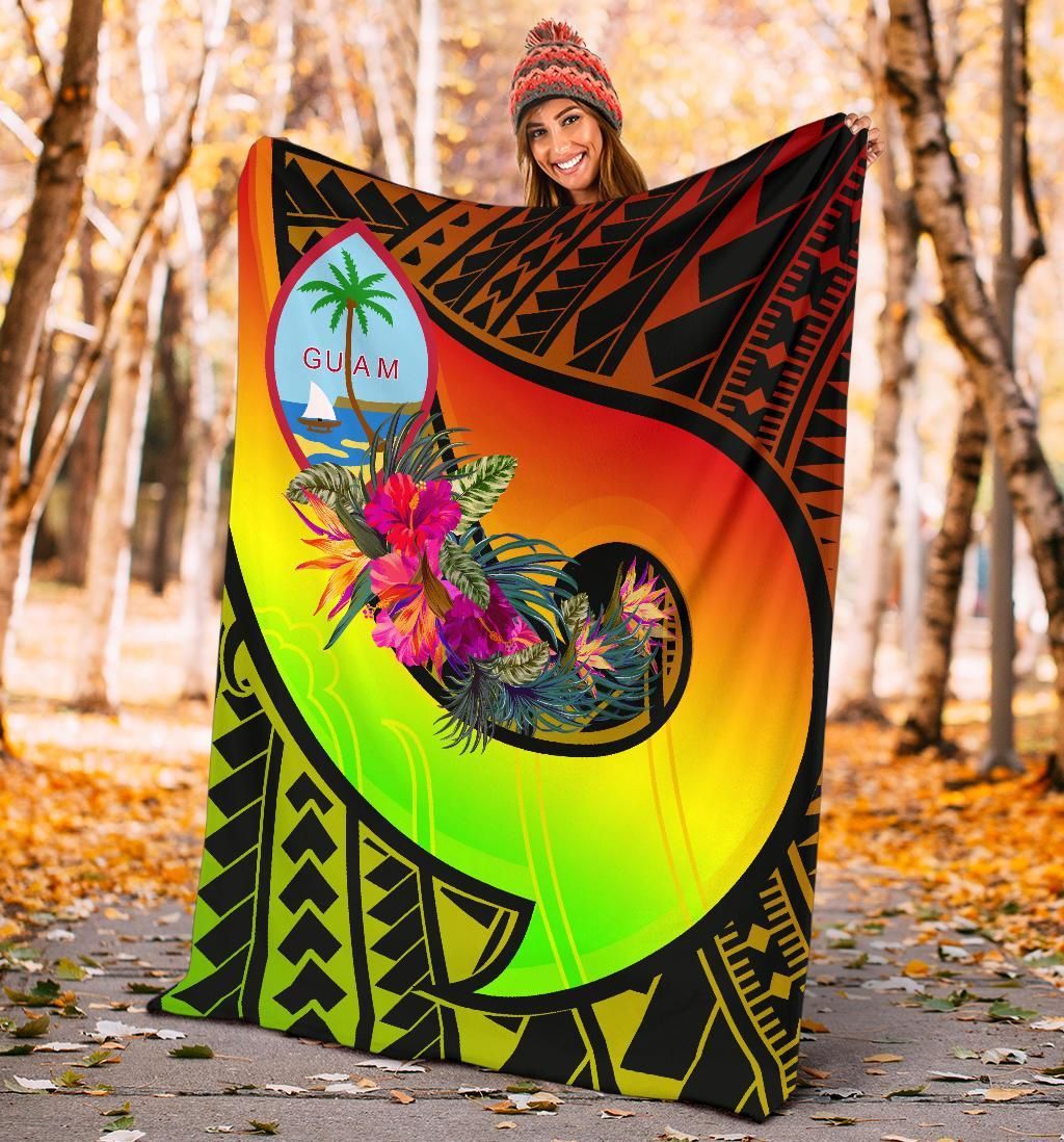 Guam Premium Blanket - Polynesian Hook And Hibiscus (Reggae)-Myprintsy