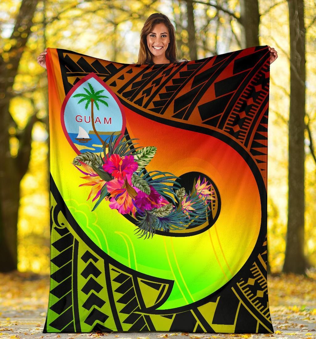 Guam Premium Blanket - Polynesian Hook And Hibiscus (Reggae)-Myprintsy