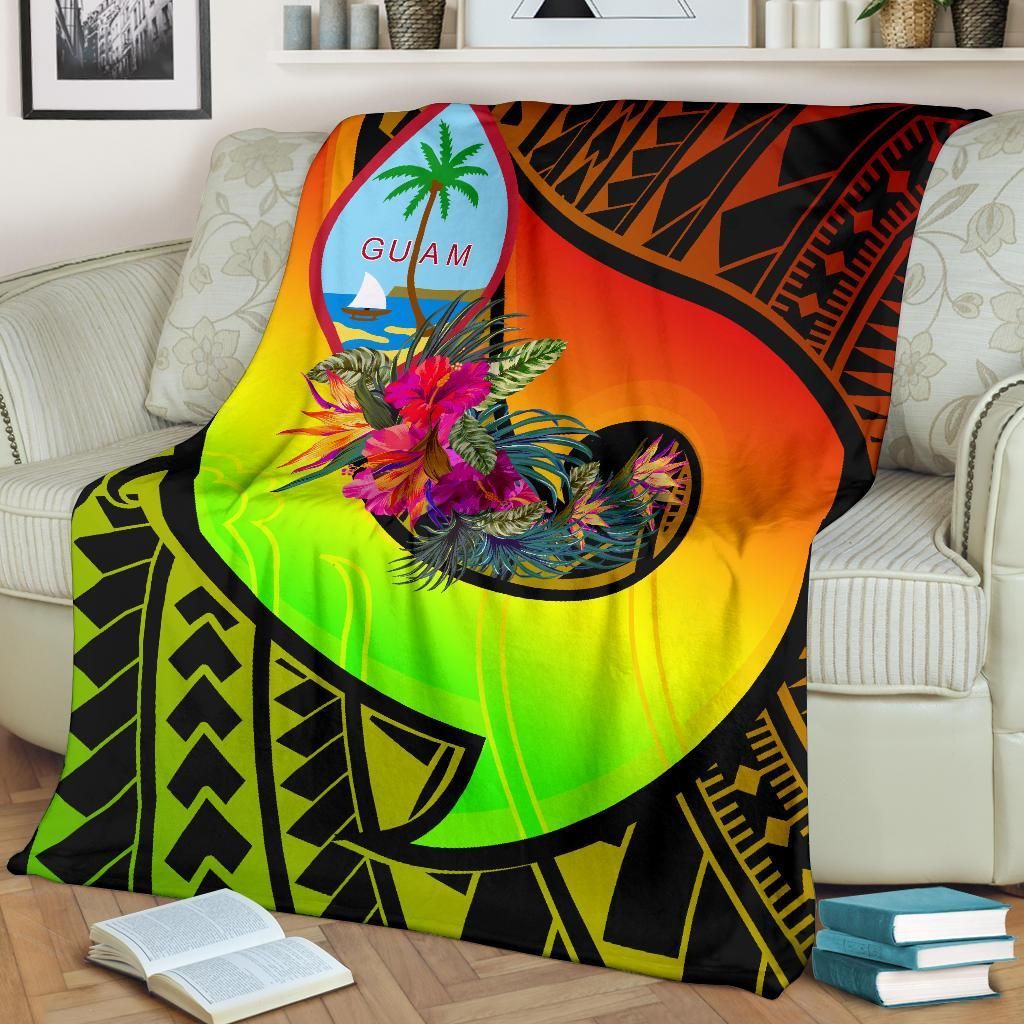 Guam Premium Blanket - Polynesian Hook And Hibiscus (Reggae)-Myprintsy