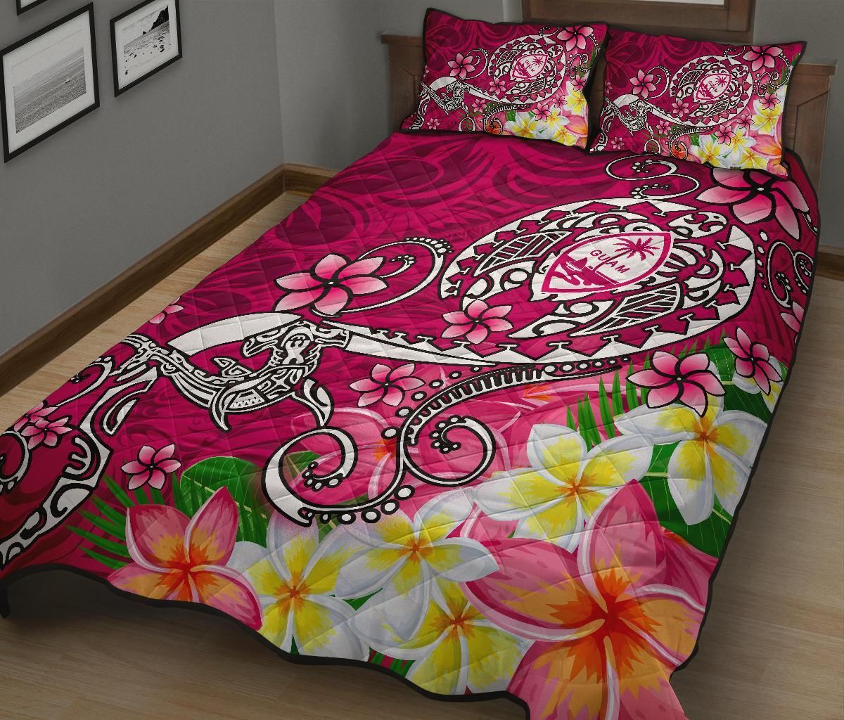Guam Quilt Bed Set - Turtle Plumeria (Pink)
