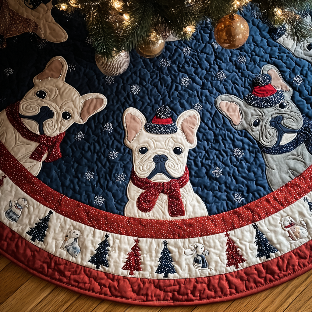 Happy French Bulldog Christmas Quilted Tree Skirt-Myprintsy