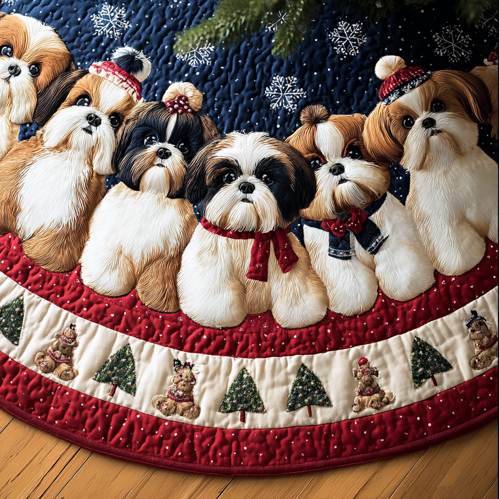 Happy Shih Tzu Christmas Quilted Tree Skirt-Myprintsy