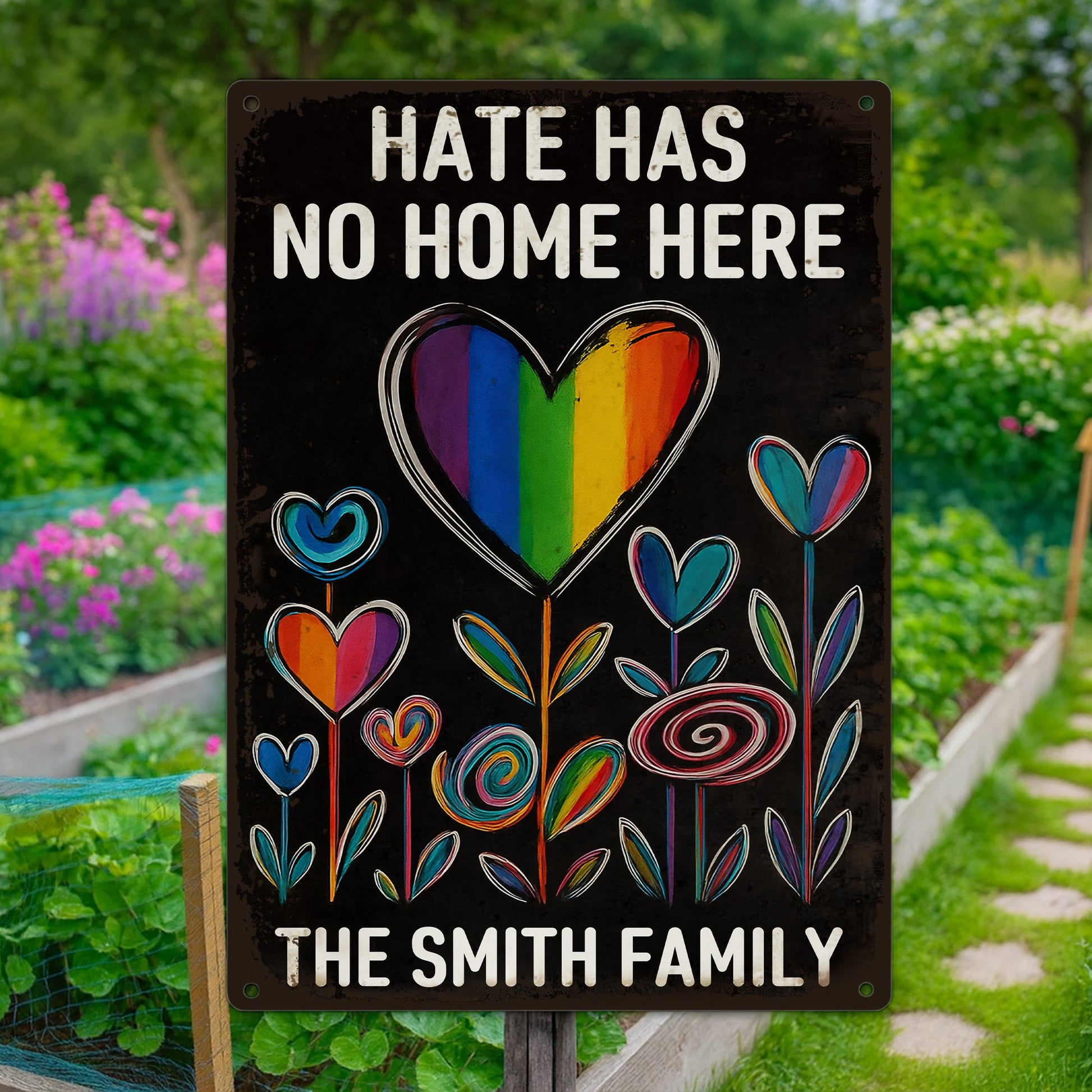 Hate Has No Home Here - Vibrant Floral - Personalized Metal Sign-Myprintsy