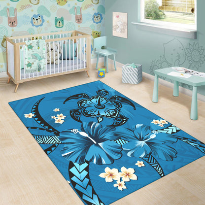 Hawaii Area Rug Blue Honu Hibiscus Island Harmony-Myprintsy