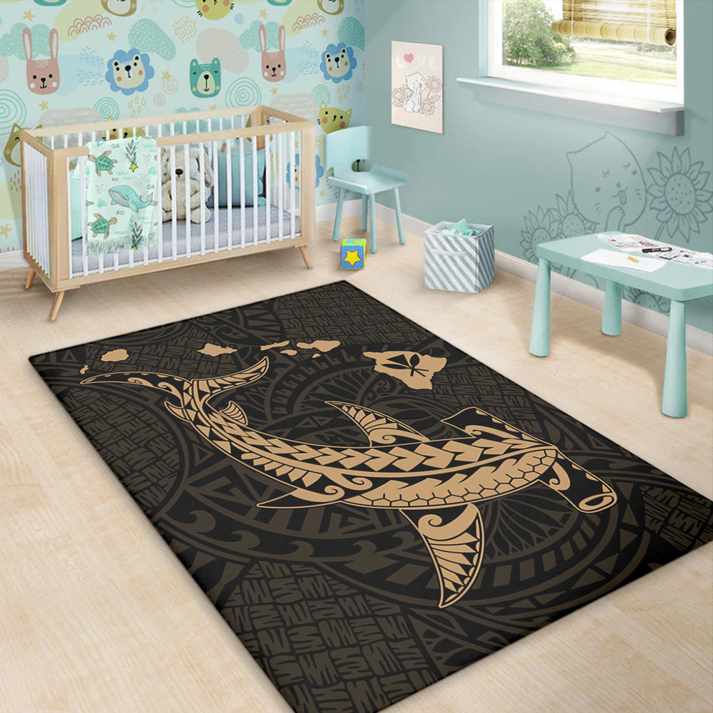 Hawaii Area Rug Hawaiian Native Map Hammerhead Shark Gold-Myprintsy