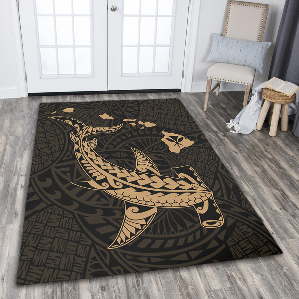 Hawaii Area Rug Hawaiian Native Map Hammerhead Shark Gold-Myprintsy