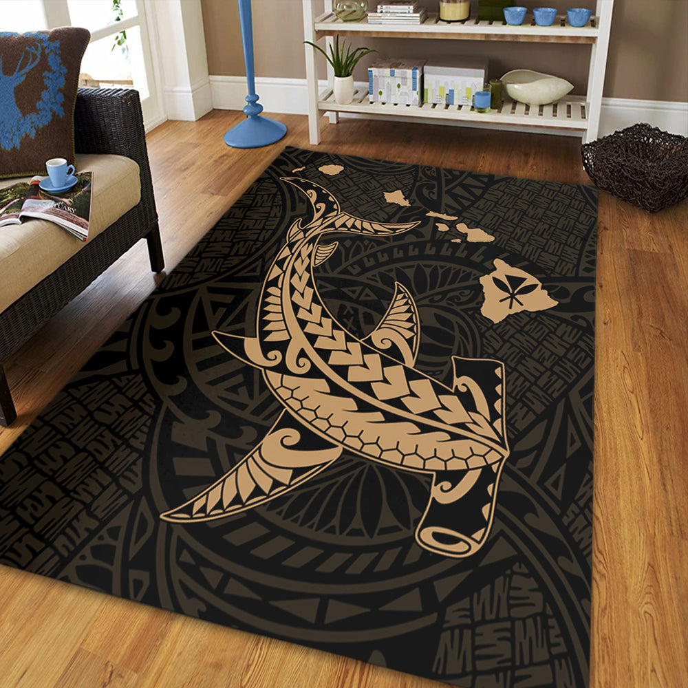 Hawaii Area Rug Hawaiian Native Map Hammerhead Shark Gold-Myprintsy