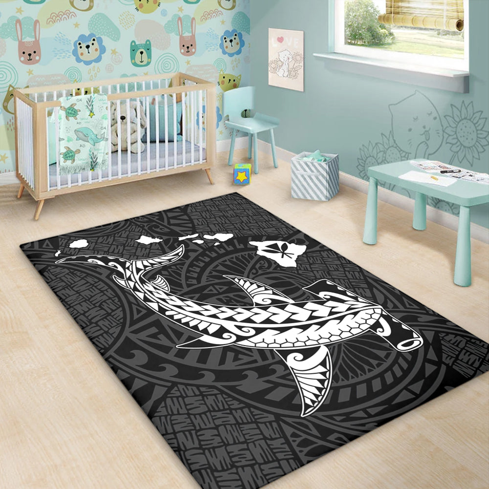 Hawaii Area Rug Hawaiian Native Map Hammerhead Shark White-Myprintsy