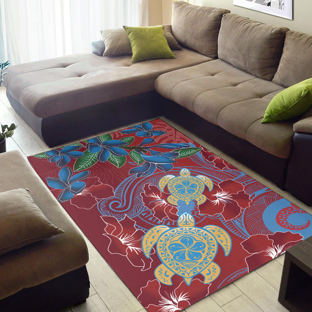 Hawaii Area Rug Polynesian Cultures Turtle Couple Tropical Flowers Red Color-Myprintsy