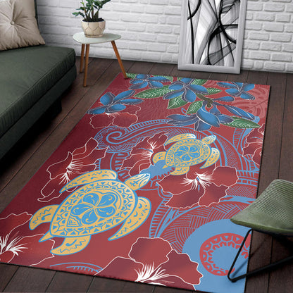 Hawaii Area Rug Polynesian Cultures Turtle Couple Tropical Flowers Red Color-Myprintsy