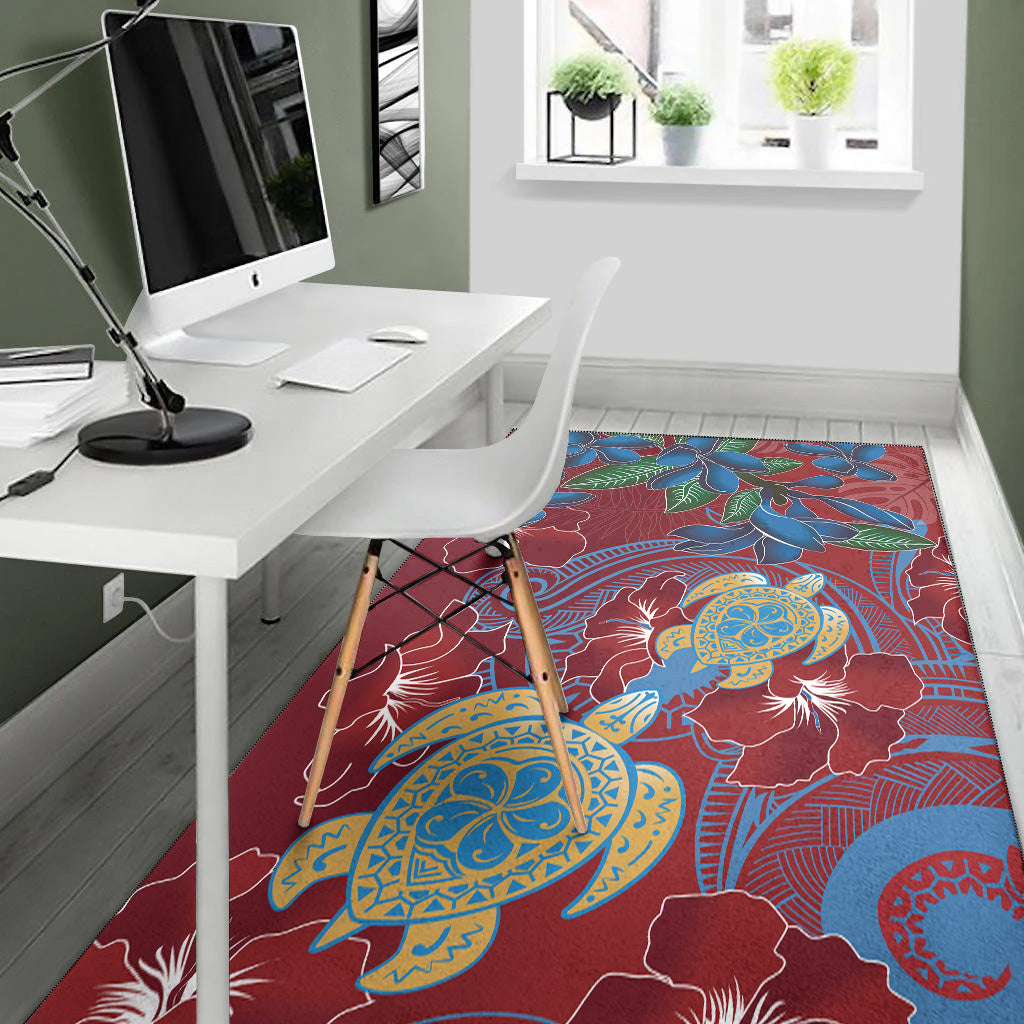 Hawaii Area Rug Polynesian Cultures Turtle Couple Tropical Flowers Red Color-Myprintsy