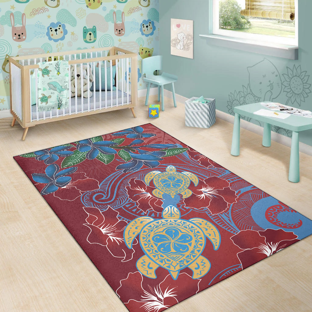 Hawaii Area Rug Polynesian Cultures Turtle Couple Tropical Flowers Red Color-Myprintsy