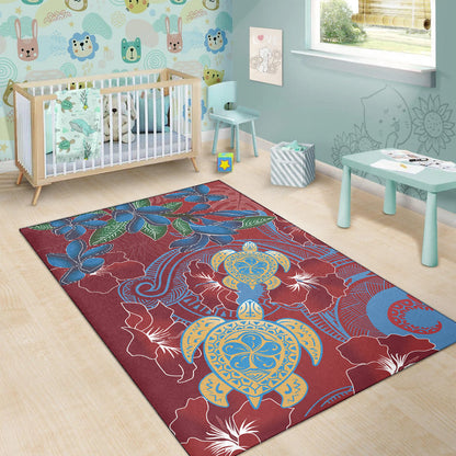 Hawaii Area Rug Polynesian Cultures Turtle Couple Tropical Flowers Red Color-Myprintsy