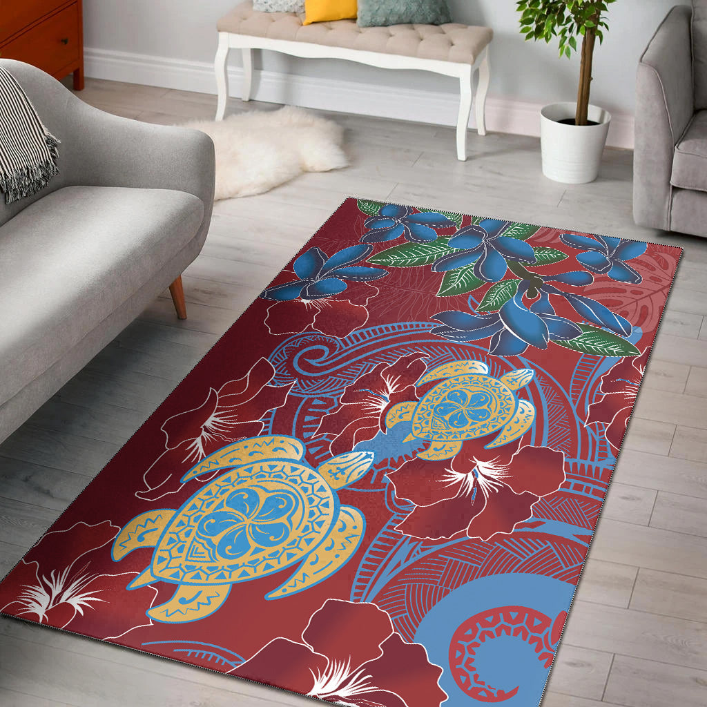 Hawaii Area Rug Polynesian Cultures Turtle Couple Tropical Flowers Red Color-Myprintsy