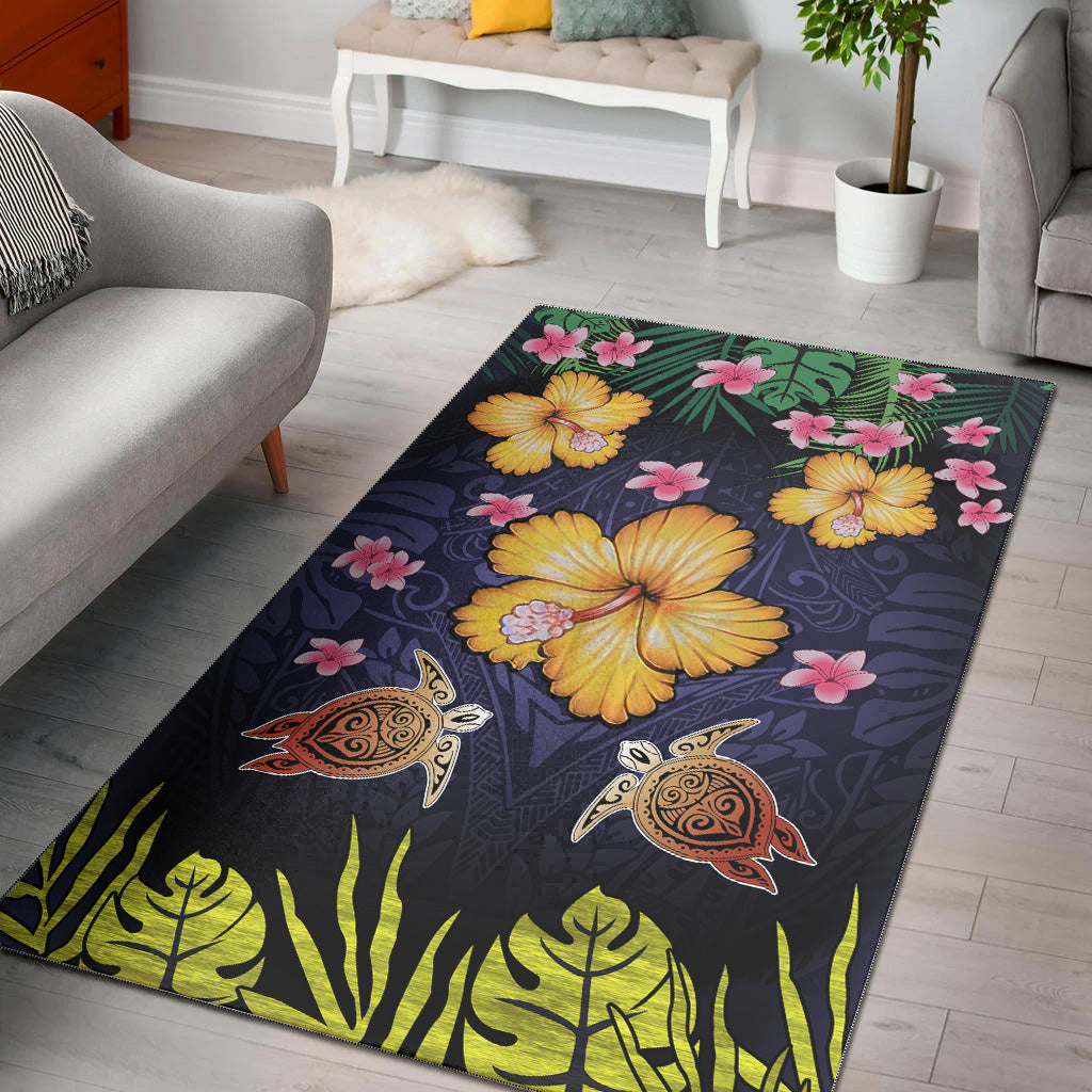 Hawaii Area Rug Polynesian Patterns Turtle Couple Hibiscus Plumeria Flowers-Myprintsy