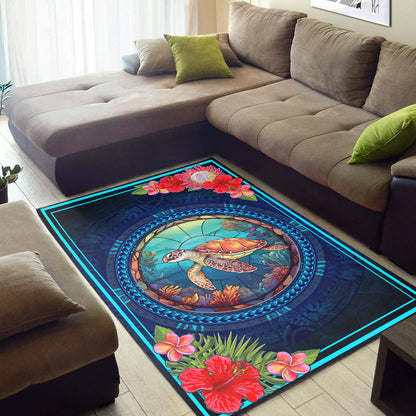 Hawaii Area Rug Polynesian Patterns Turtle Mascot WaterColor Style-Myprintsy