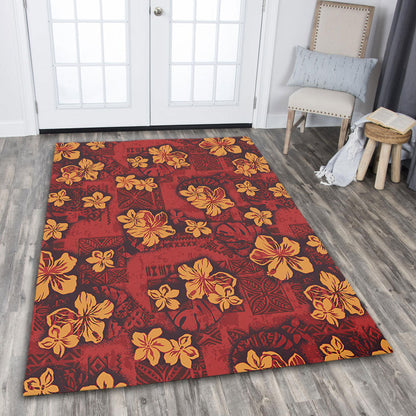 Hawaii Area Rug Polynesian Tribal And Hibiscus Vintage Red Gold-Myprintsy