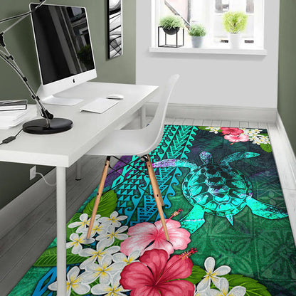 Hawaii Area Rug Sea Turtle Abstract Background With Tropical Flowers Hibiscus And Plumeria-Myprintsy