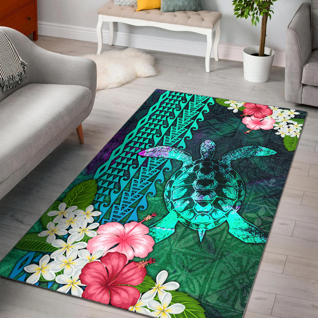 Hawaii Area Rug Sea Turtle Abstract Background With Tropical Flowers Hibiscus And Plumeria-Myprintsy