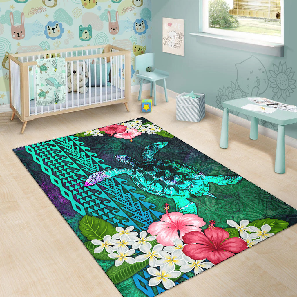 Hawaii Area Rug Sea Turtle Abstract Background With Tropical Flowers Hibiscus And Plumeria-Myprintsy