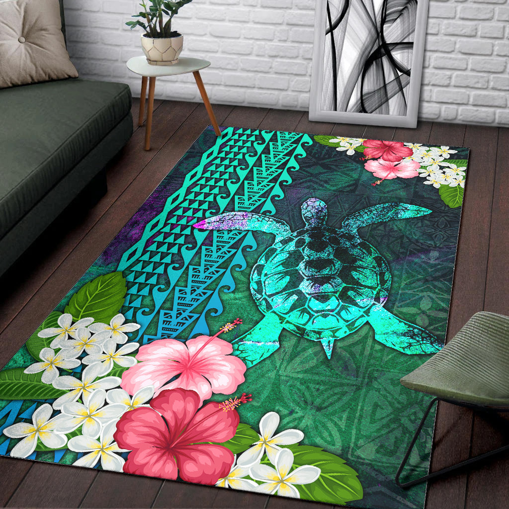 Hawaii Area Rug Sea Turtle Abstract Background With Tropical Flowers Hibiscus And Plumeria-Myprintsy
