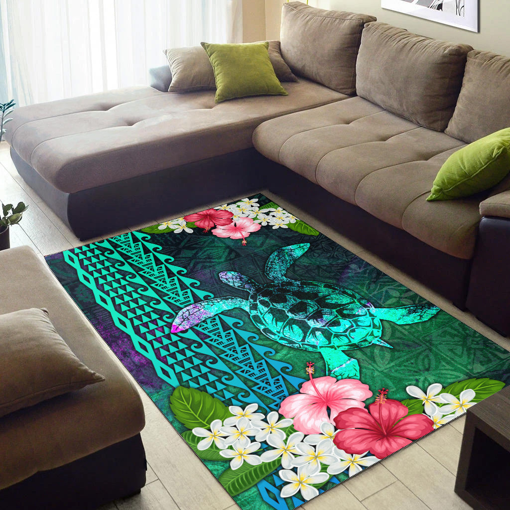 Hawaii Area Rug Sea Turtle Abstract Background With Tropical Flowers Hibiscus And Plumeria-Myprintsy