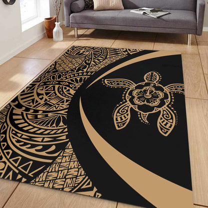 Hawaii Area Rug Turtle Hibiscus Lauhala Black Gold Circle-Myprintsy