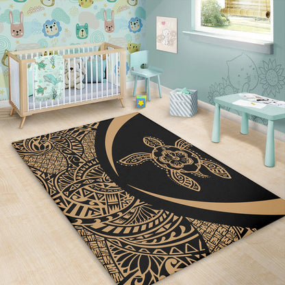 Hawaii Area Rug Turtle Hibiscus Lauhala Black Gold Circle-Myprintsy