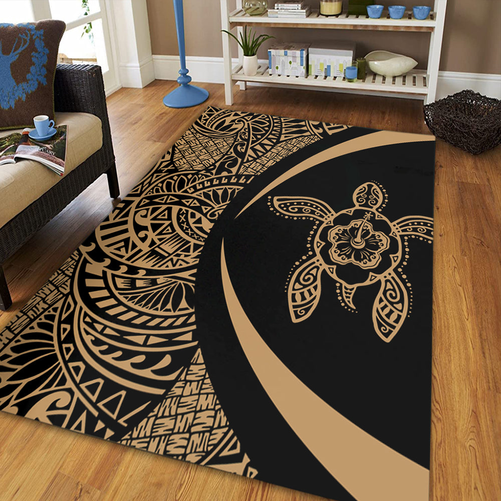 Hawaii Area Rug Turtle Hibiscus Lauhala Black Gold Circle-Myprintsy