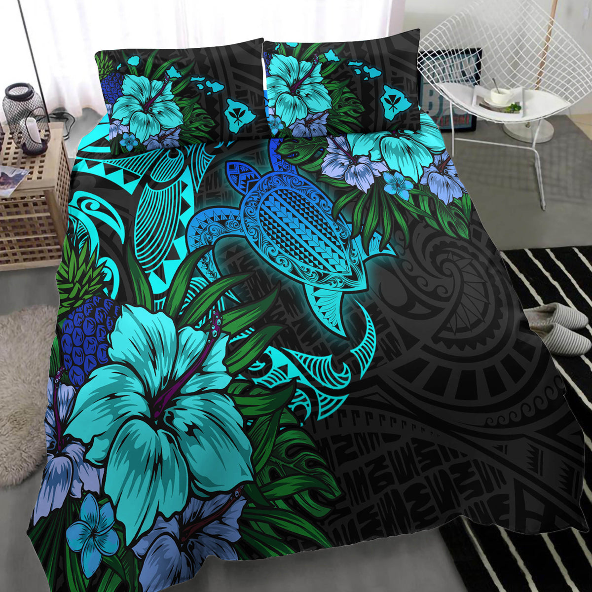 Hawaii Bedding Set - Hawaii Polynesian Turtle Tropical Blue Gardient Blue Bedding Set-Myprintsy