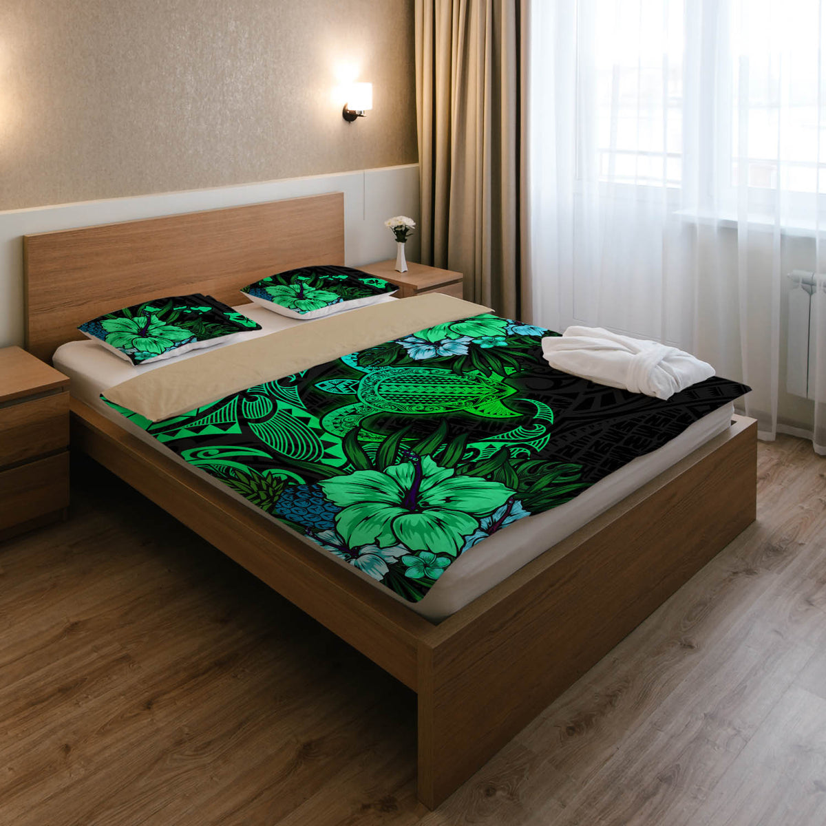 Hawaii Bedding Set - Hawaii Polynesian Turtle Tropical Gardient Green Bedding Set
