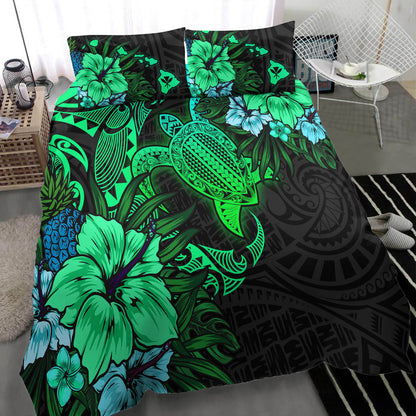 Hawaii Bedding Set - Hawaii Polynesian Turtle Tropical Gardient Green Bedding Set
