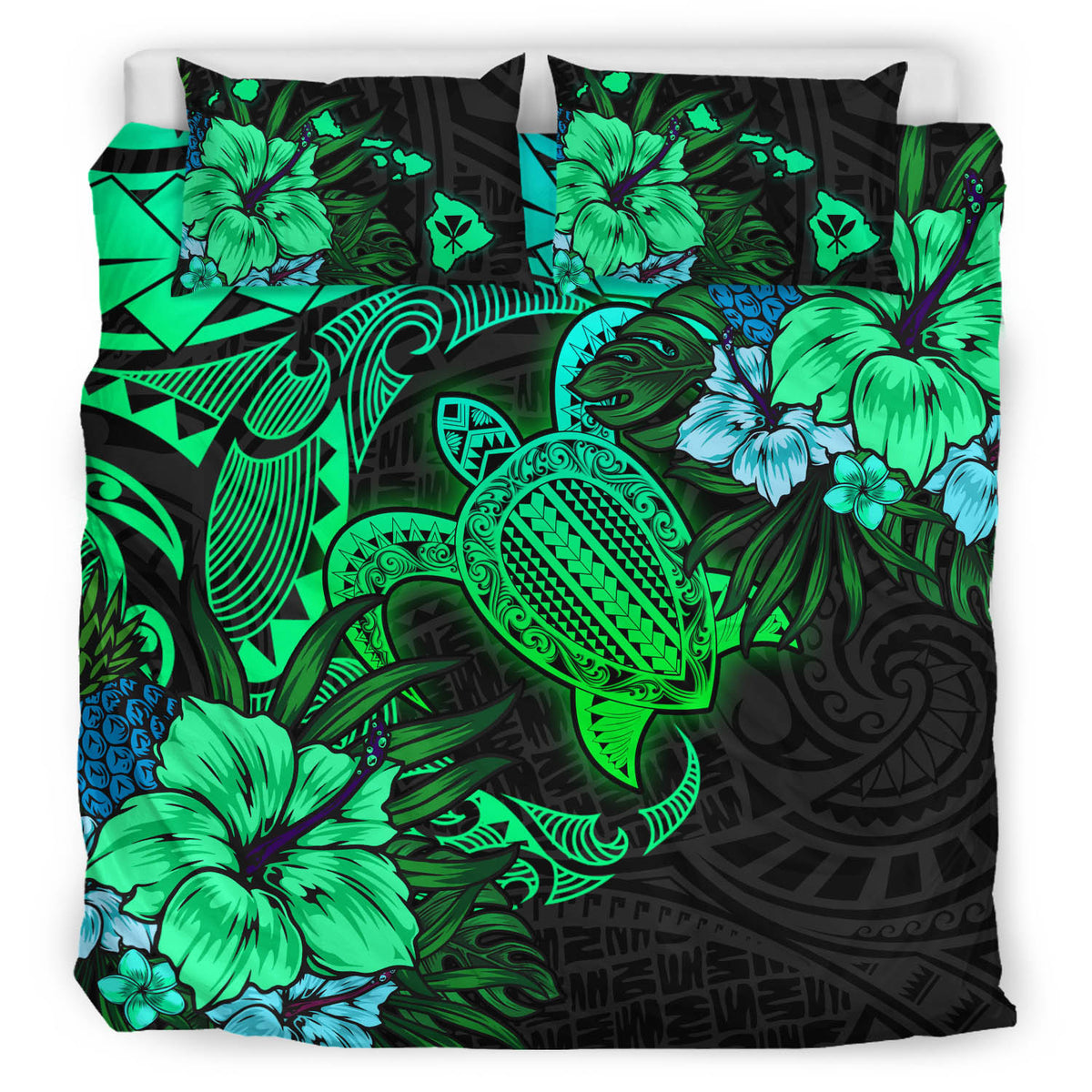 Hawaii Bedding Set - Hawaii Polynesian Turtle Tropical Gardient Green Bedding Set