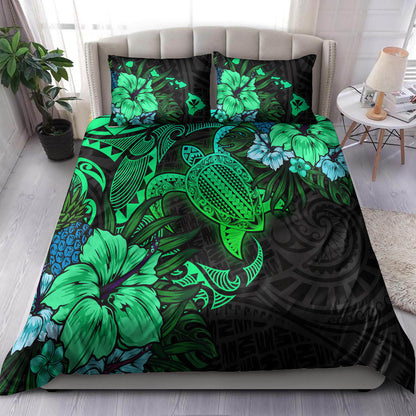 Hawaii Bedding Set - Hawaii Polynesian Turtle Tropical Gardient Green Bedding Set