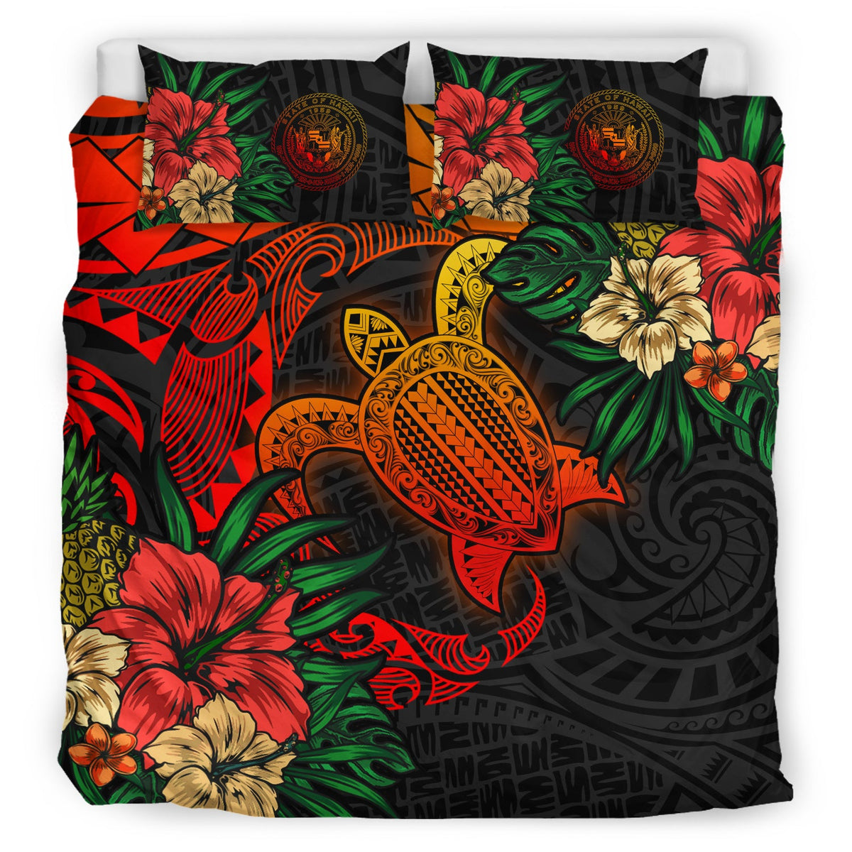 Hawaii Bedding Set - State of Hawaii Polynesian Turtle Tropical Bedding Set