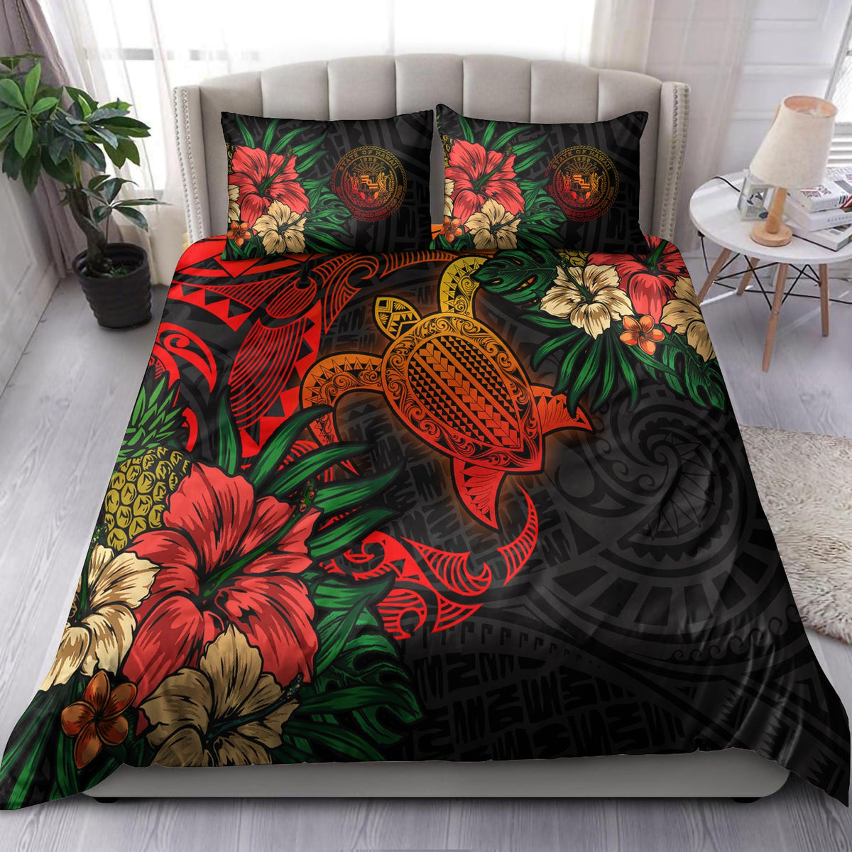 Hawaii Bedding Set - State of Hawaii Polynesian Turtle Tropical Bedding Set