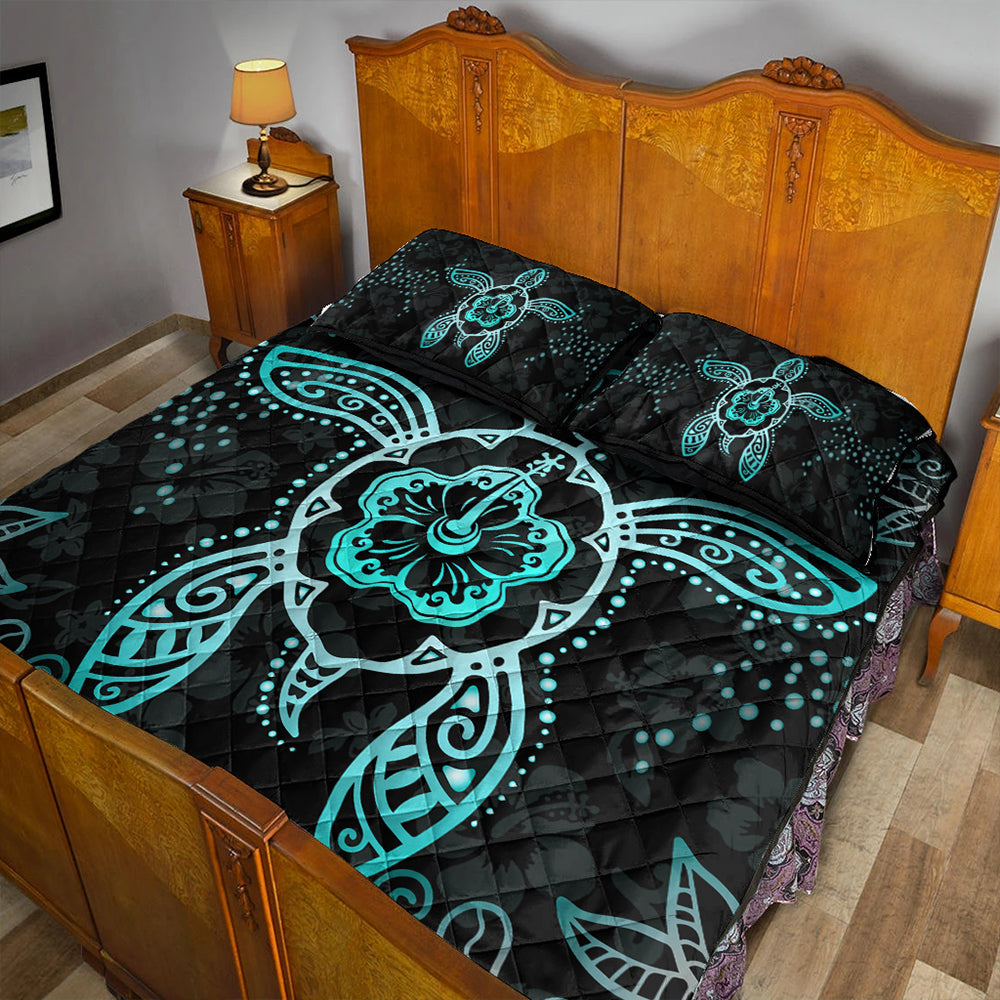 Hawaii Quilt Bed Set Turtle Hibiscus Blue