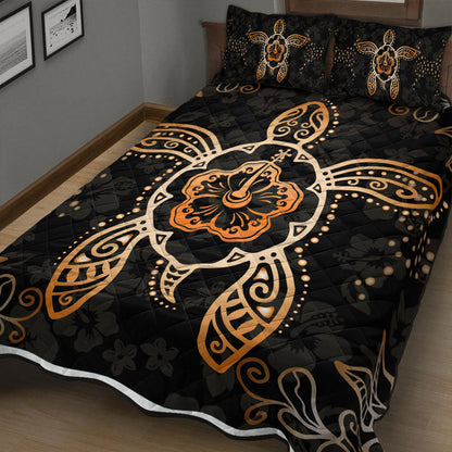 Hawaii Quilt Bed Set Turtle Hibiscus Orange