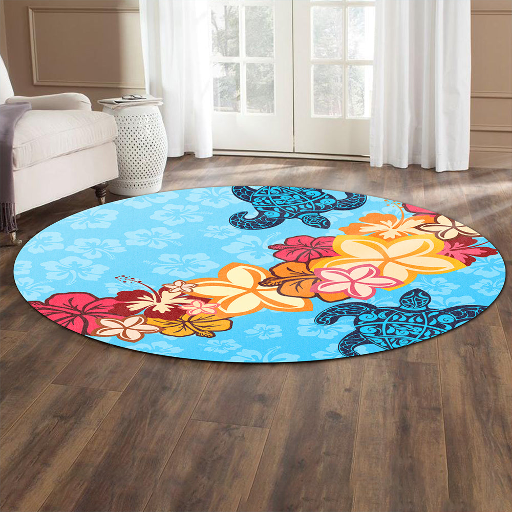 Hawaii Round Rug Turtle Hibiscus Pattern Blue