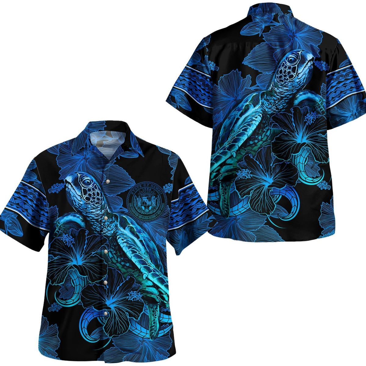 Hawaii Hawaiian Shirt Sea Turtle With Blooming Hibiscus Flowers Tribal Blue-Myprintsy