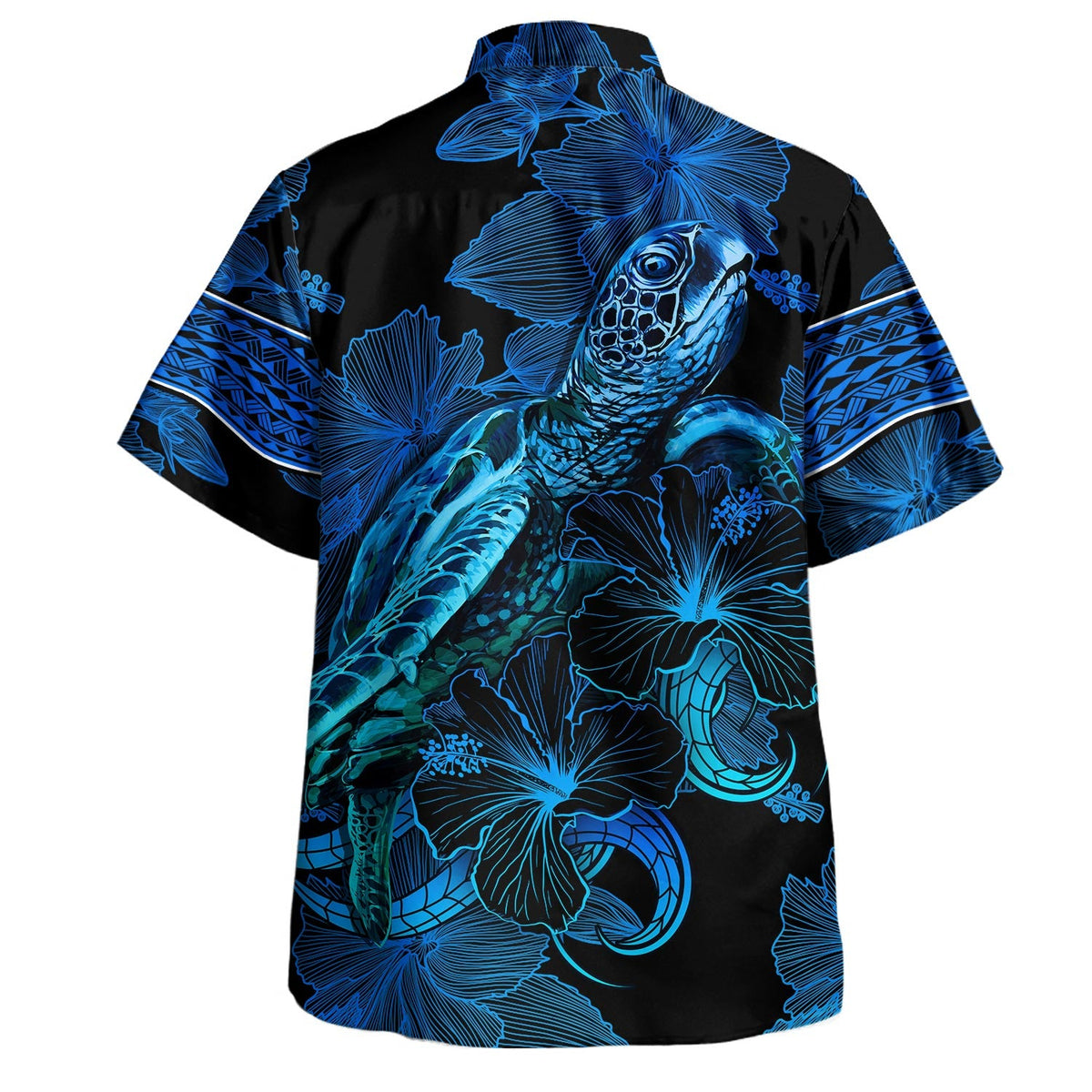 Hawaii Hawaiian Shirt Sea Turtle With Blooming Hibiscus Flowers Tribal Blue-Myprintsy