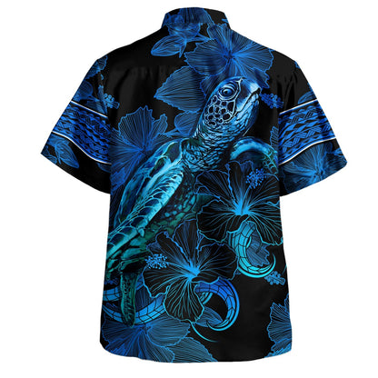 Hawaii Hawaiian Shirt Sea Turtle With Blooming Hibiscus Flowers Tribal Blue-Myprintsy