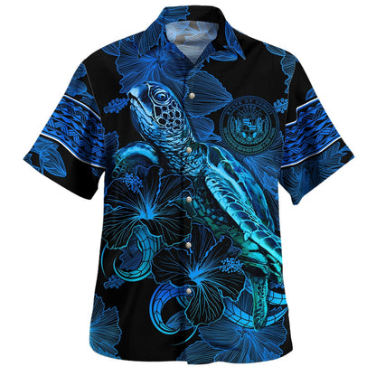 Hawaii Hawaiian Shirt Sea Turtle With Blooming Hibiscus Flowers Tribal Blue-Myprintsy