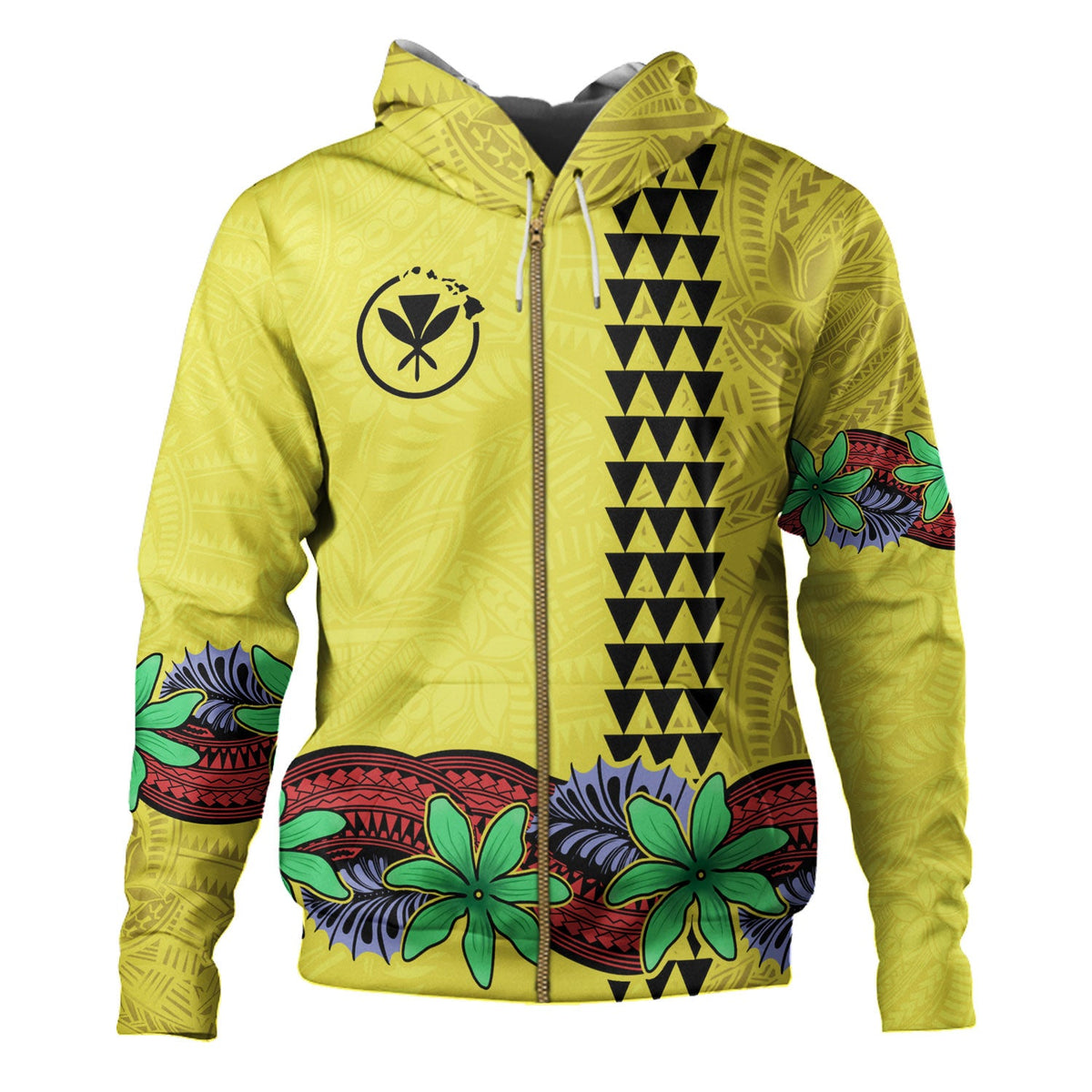Hawaii Hoodie Kanaka Maoli Map Seal Tropical Flowers Yellow Color-Myprintsy