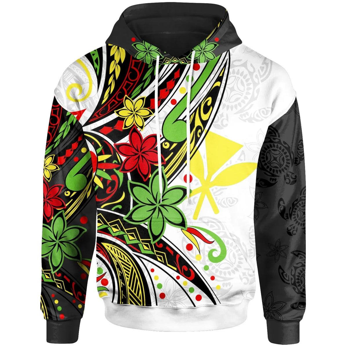 Hawaii Hoodie - Tribal Flower With Special Turtles White Black-Myprintsy