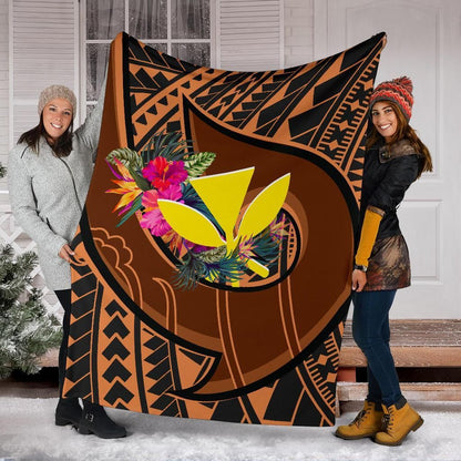 Hawaii Kanaka Maoli Premium Blanket - Polynesian Hook And Hibiscus-Myprintsy
