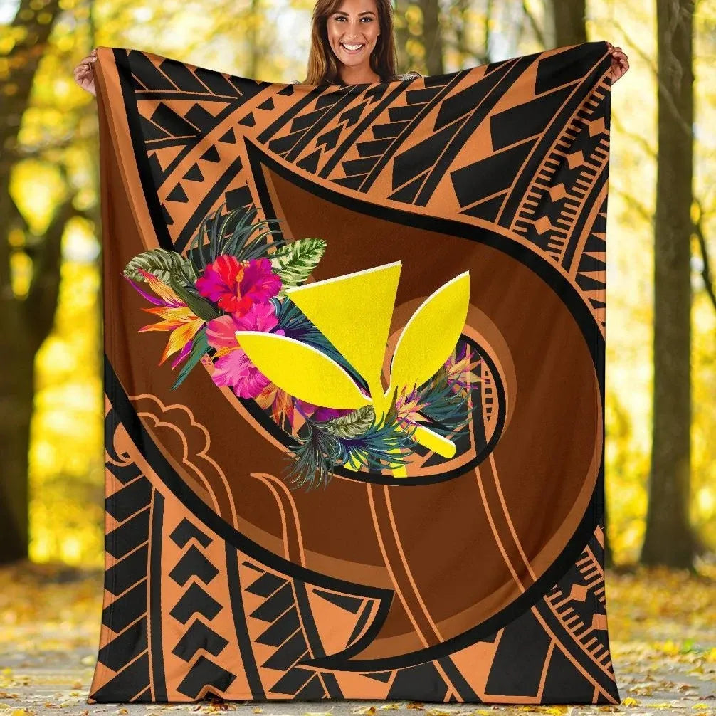 Hawaii Kanaka Maoli Premium Blanket - Polynesian Hook And Hibiscus-Myprintsy