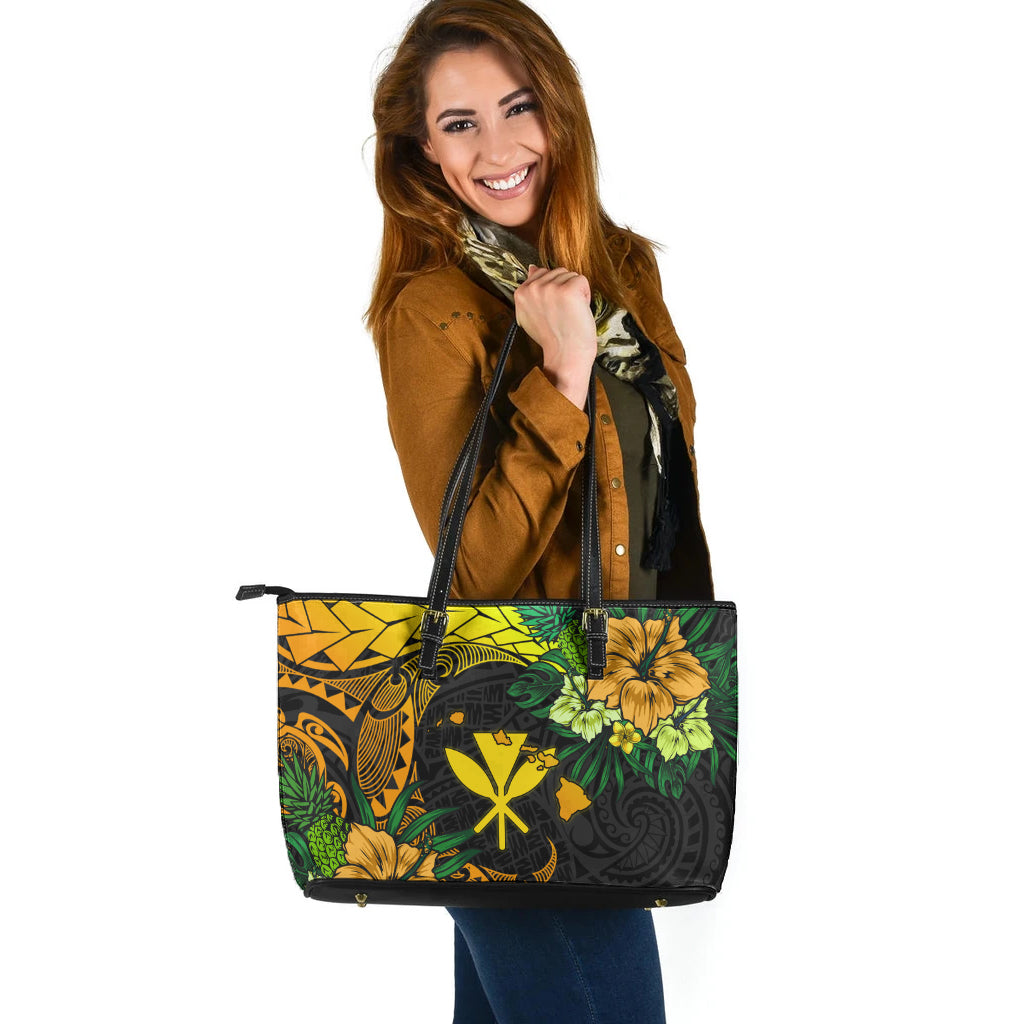Hawaii Leather Tote Bag Polynesian Turtle Tropical Gardient Yellow