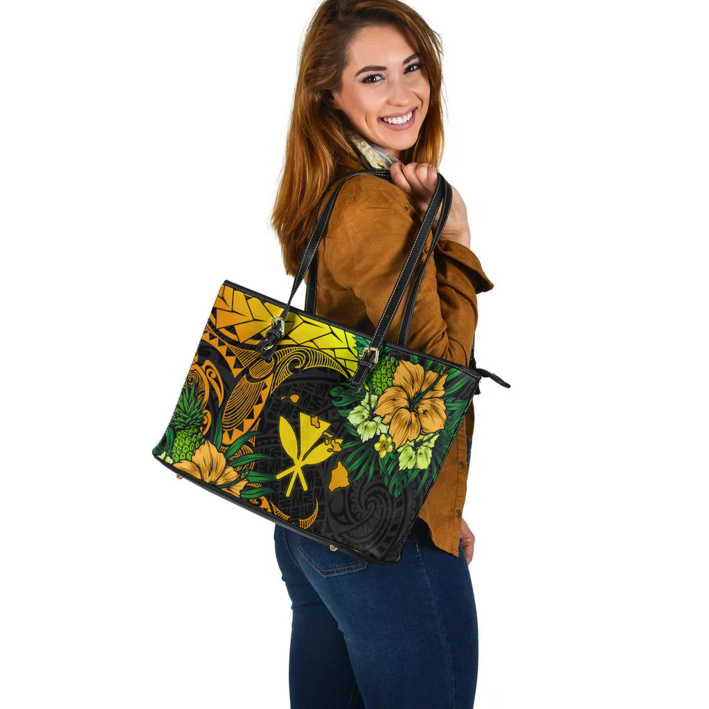 Hawaii Leather Tote Bag Polynesian Turtle Tropical Gardient Yellow